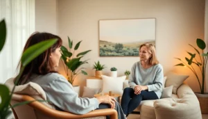 A therapist assists a client in healing trauma, embodying a supportive and peaceful atmosphere.