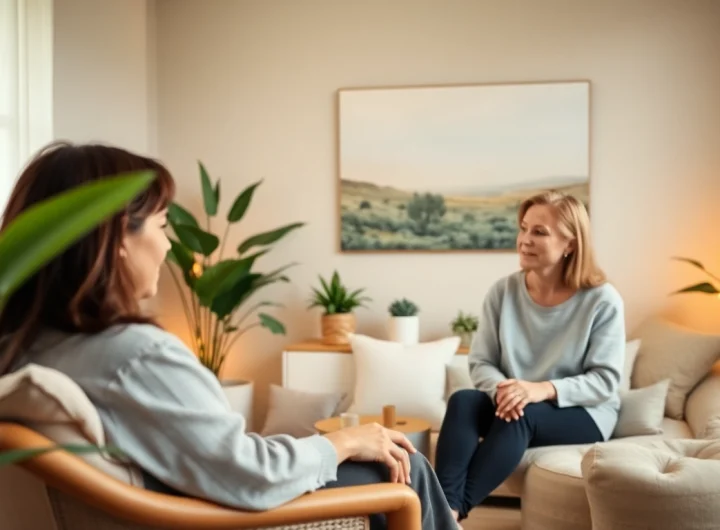 A therapist assists a client in healing trauma, embodying a supportive and peaceful atmosphere.