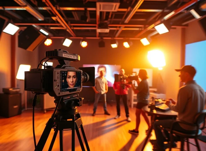 Creative 영상제작업체 team collaborating on a brand film project in a dynamic studio setting.
