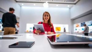 Buy iPad in an Apple store showcasing the latest models with a shopper's excitement.