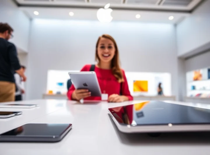 Buy iPad in an Apple store showcasing the latest models with a shopper's excitement.