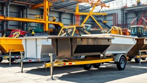 Explore quality dumpster trailers for sale showcasing various models at a construction site.