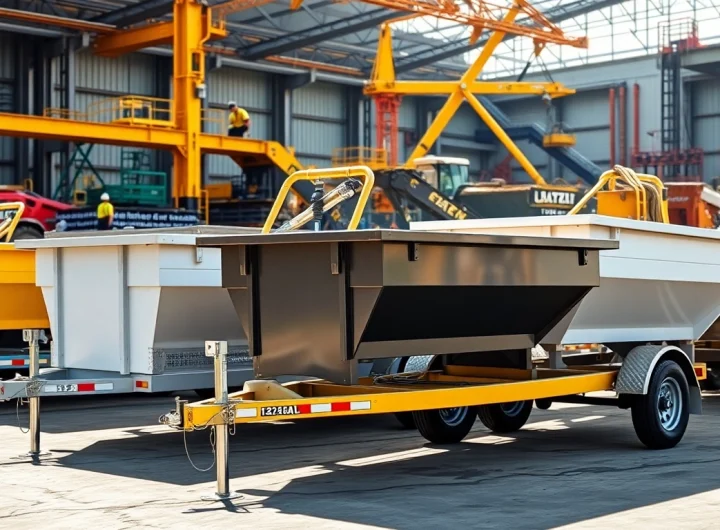 Explore quality dumpster trailers for sale showcasing various models at a construction site.