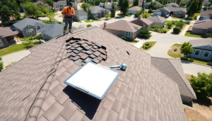 Evaluating roof damage for insurance roofing claims help, showcasing shingles and contractor's tools.