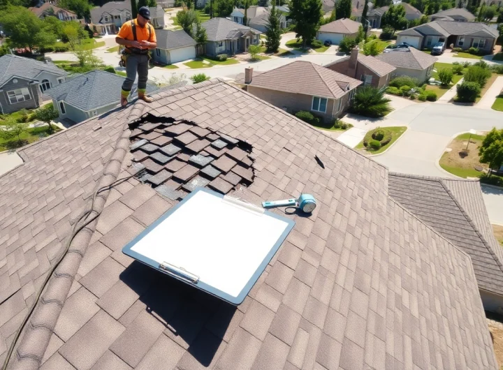 Evaluating roof damage for insurance roofing claims help, showcasing shingles and contractor's tools.