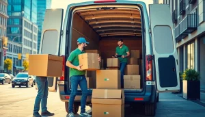 Engaged man and van moving team loading boxes into a van for a successful move.