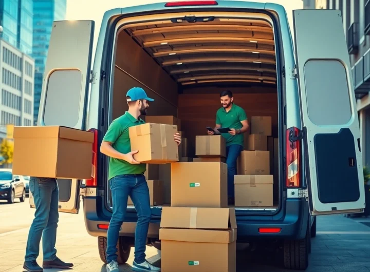 Engaged man and van moving team loading boxes into a van for a successful move.