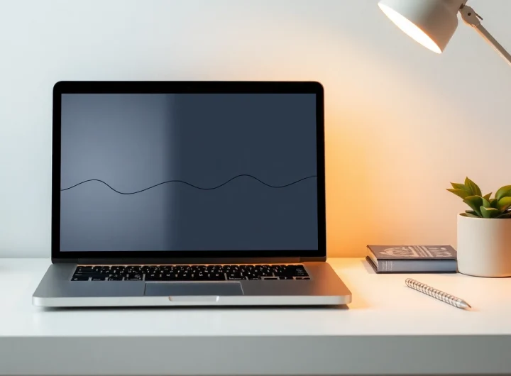 Download line电脑版下载 on a sleek laptop surrounded by artistic elements for an inspiring workspace.