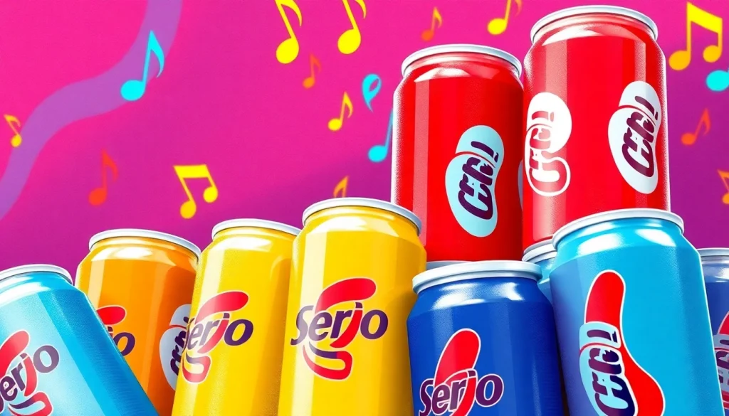 Experience the joy of 汽水音乐官网 with a colorful arrangement of soda cans and musical elements.