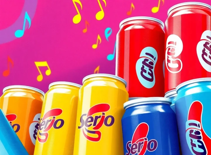 Experience the joy of 汽水音乐官网 with a colorful arrangement of soda cans and musical elements.