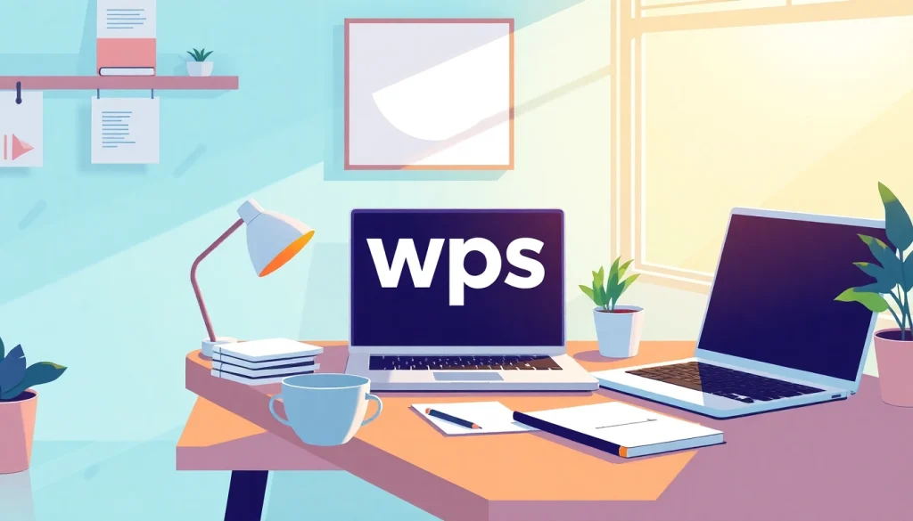 Enhance productivity with the wps logo on a workspace desk highlighting organized tools.