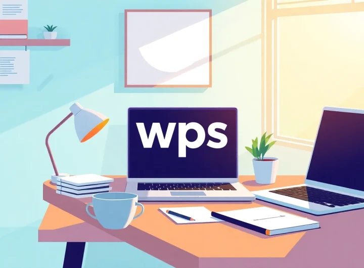 Enhance productivity with the wps logo on a workspace desk highlighting organized tools.