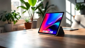 Buy iPad on a stylish wooden table with vibrant app interface under natural sunlight.