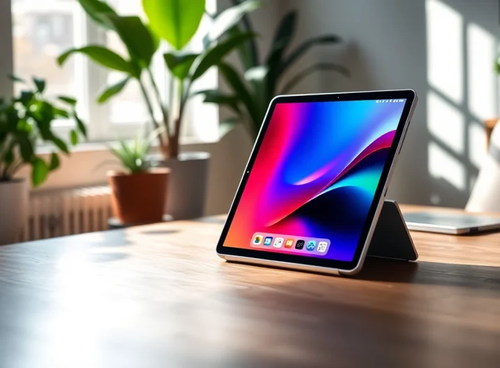 Buy iPad on a stylish wooden table with vibrant app interface under natural sunlight.