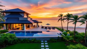 Real estate agent Phuket showcasing a luxury villa with stunning sunset views and tropical landscaping.