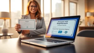 Registering a brand using an online trademark registration platform in a modern office environment.
