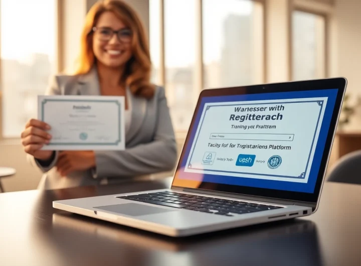 Registering a brand using an online trademark registration platform in a modern office environment.