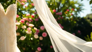 Beautifully adorned beaded wedding dresses shimmering in sunlight, highlighting intricate designs and elegance.