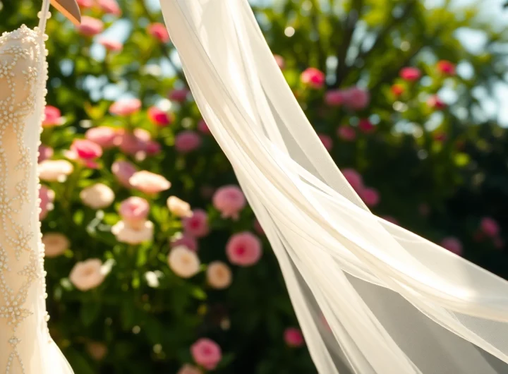 Beautifully adorned beaded wedding dresses shimmering in sunlight, highlighting intricate designs and elegance.