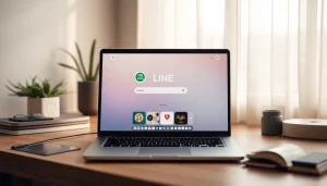 Download the LINE computer version: a laptop showcasing the LINE app's user interface.