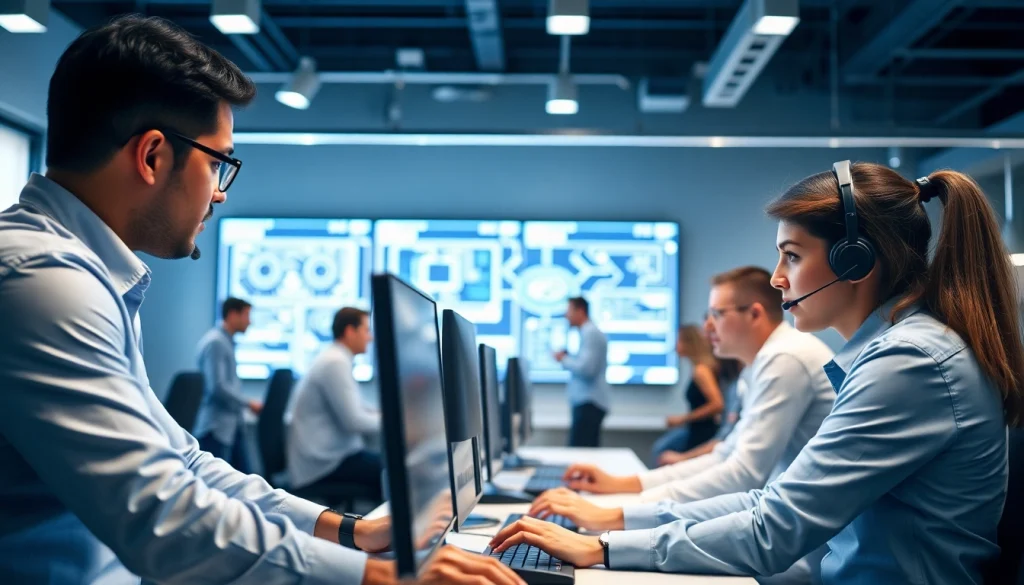 Provide expert IT support service in a collaborative office environment with technicians assisting clients.