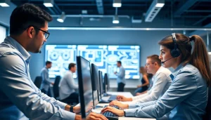 Provide expert IT support service in a collaborative office environment with technicians assisting clients.