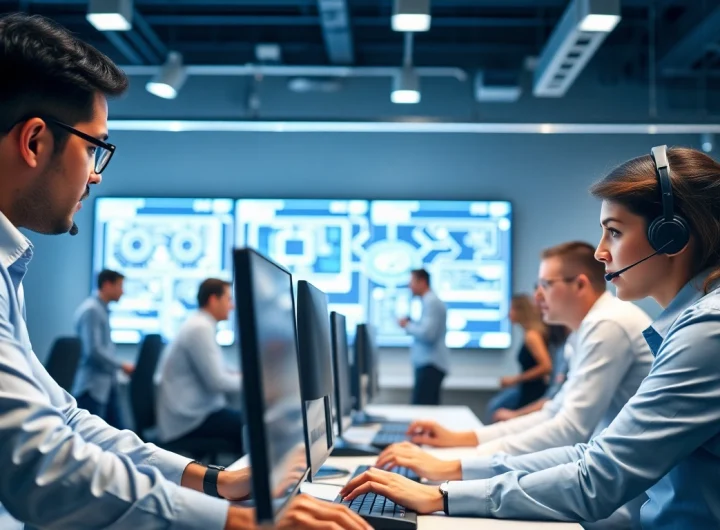 Provide expert IT support service in a collaborative office environment with technicians assisting clients.