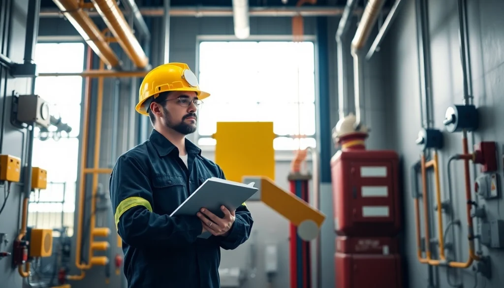Fire protection engineer inspecting fire safety systems in an industrial environment.