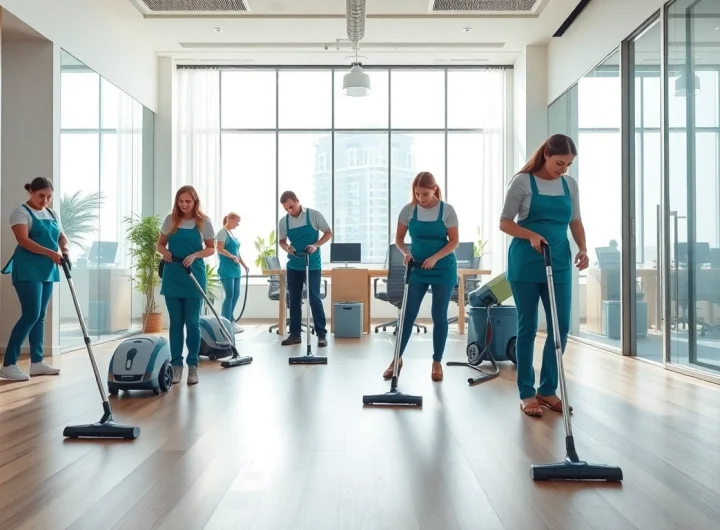 Dynamic office cleaning Melbourne scene with professional cleaners ensuring a spotless workspace.