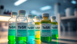 All check: Inspecting TeSR™ culture media bottles with precision in a modern laboratory setting.