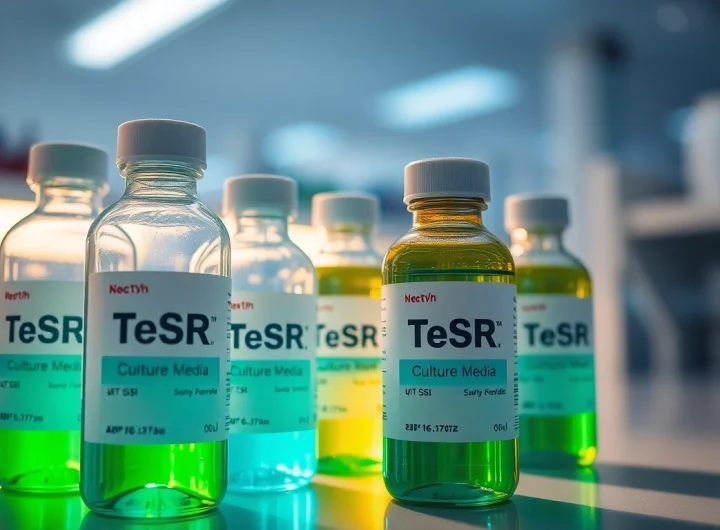 All check: Inspecting TeSR™ culture media bottles with precision in a modern laboratory setting.