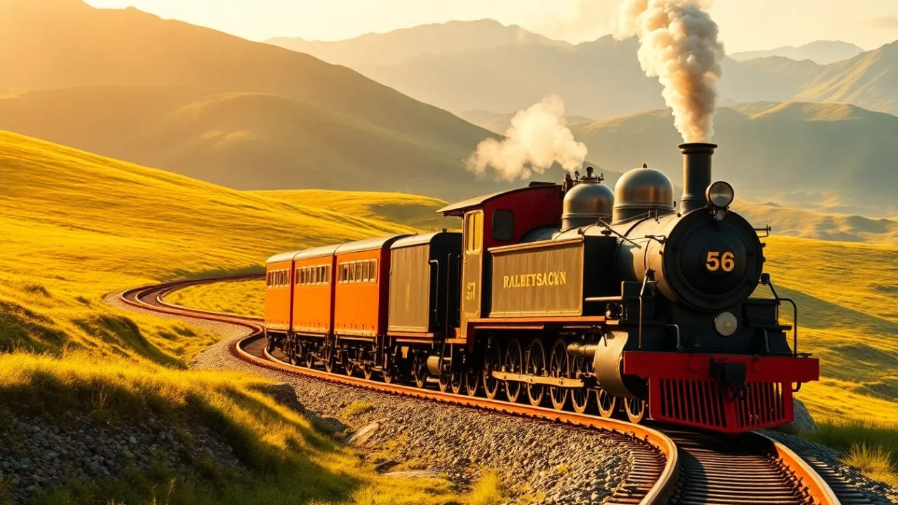 Engage with railroad tycoon free download featuring a vintage steam locomotive in a picturesque setting.