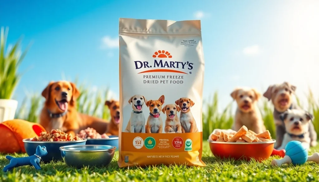 Promoting dr marty pet food canada with vibrant packaging and happy pets in a sunny setting.