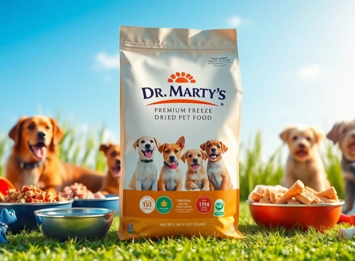Promoting dr marty pet food canada with vibrant packaging and happy pets in a sunny setting.