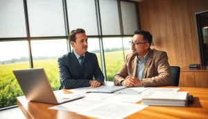 A legal advisor navigating agriculture law with client documents in a bright office.