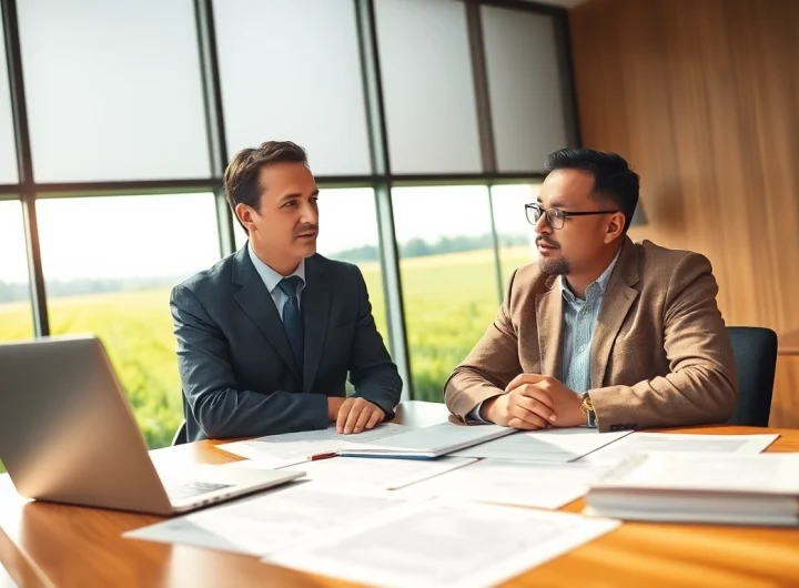 A legal advisor navigating agriculture law with client documents in a bright office.