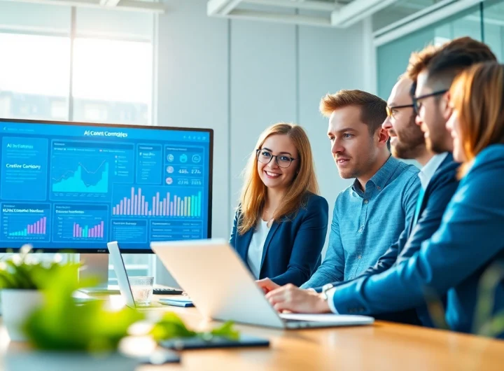 Marketers collaborating on an innovative AI content marketing platform in a bright, modern workspace.