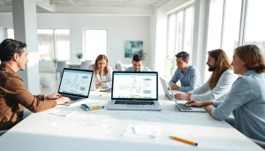 Engaged professionals working on innovative web design edmonton in a modern office setting.