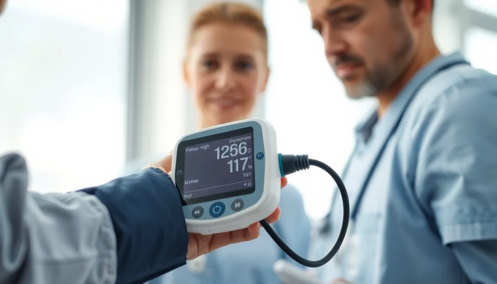 Bluthochdruck messen mit modernem Blutdruckgerät in einer Gesundheitsklinik.