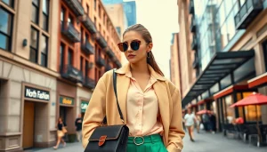 Model wearing stylish clothes from north fashion in a vibrant urban setting, showcasing modern trends.