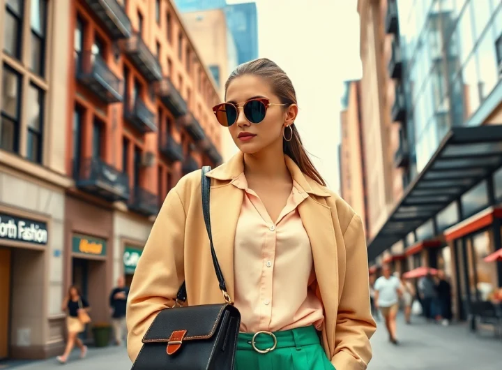 Model wearing stylish clothes from north fashion in a vibrant urban setting, showcasing modern trends.