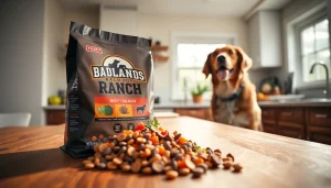 Showcasing badlands ranch dog food canada with natural ingredients and a happy dog welcoming the food.