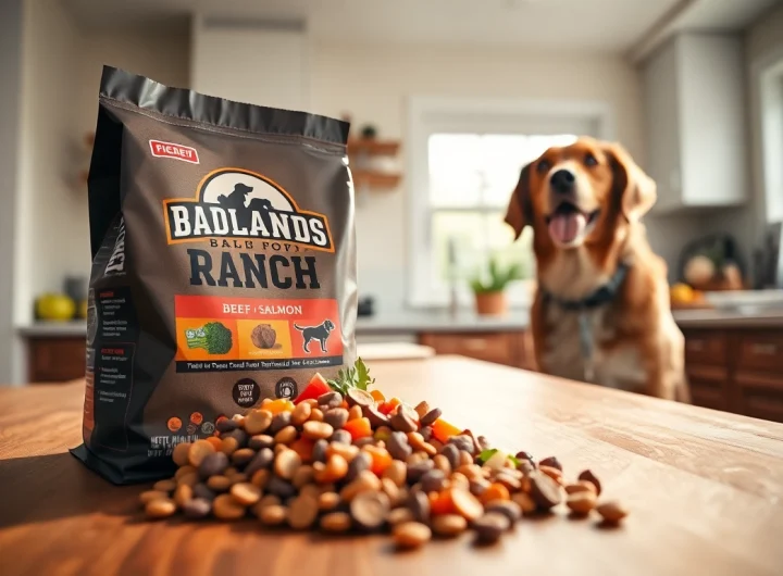 Showcasing badlands ranch dog food canada with natural ingredients and a happy dog welcoming the food.