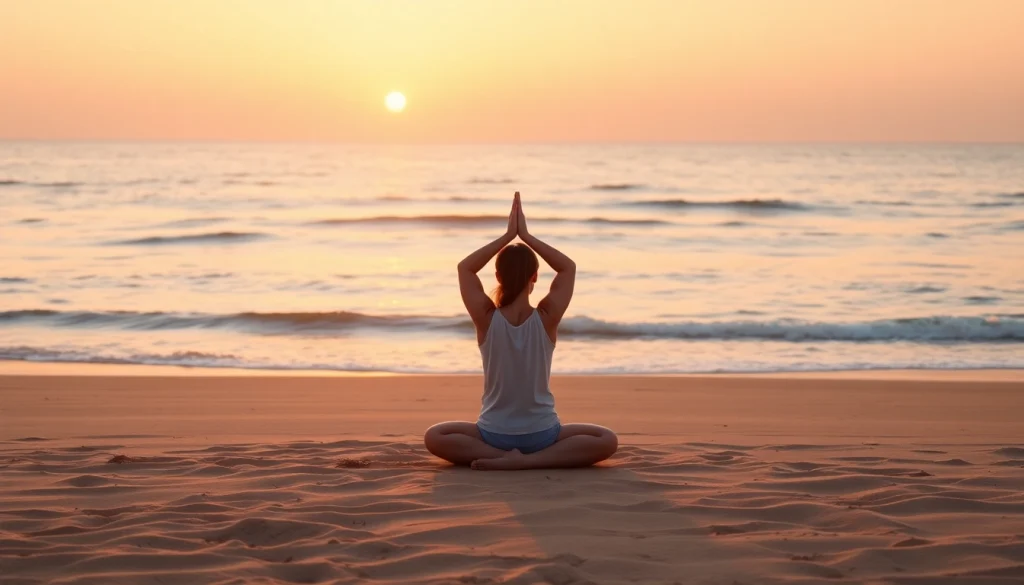 Practicing yoga on the beach, enhancing coping strategies for dealing with anxiety.