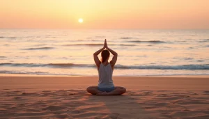 Practicing yoga on the beach, enhancing coping strategies for dealing with anxiety.