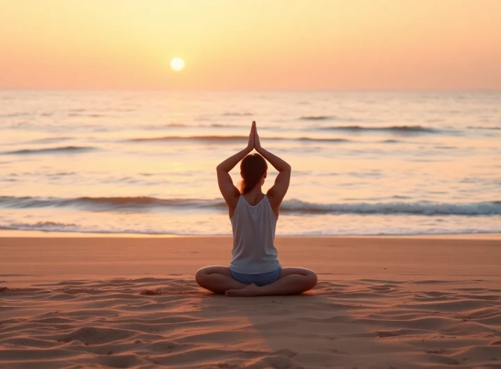 Practicing yoga on the beach, enhancing coping strategies for dealing with anxiety.