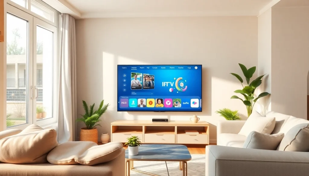 Comprar IPTV en una sala de estar moderna con un televisor inteligente en uso.