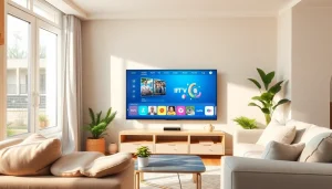 Comprar IPTV en una sala de estar moderna con un televisor inteligente en uso.