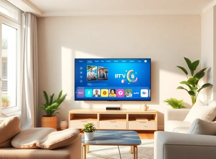 Comprar IPTV en una sala de estar moderna con un televisor inteligente en uso.