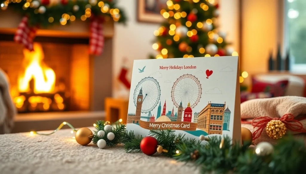Showcase personalised Christmas cards London with iconic designs in a festive, cozy setting.